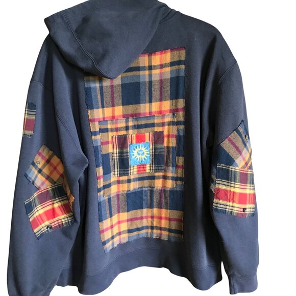 Upcycled Patchwork Hoodie, L-XL: Oversized Grunge Sweatshirt, Navy Plaid Flannel - Picture 1 of 15